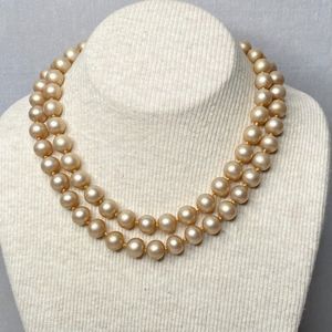 Choker Necklace Double Stranded Champagne Pearlesque Glass Beads Box Clasp